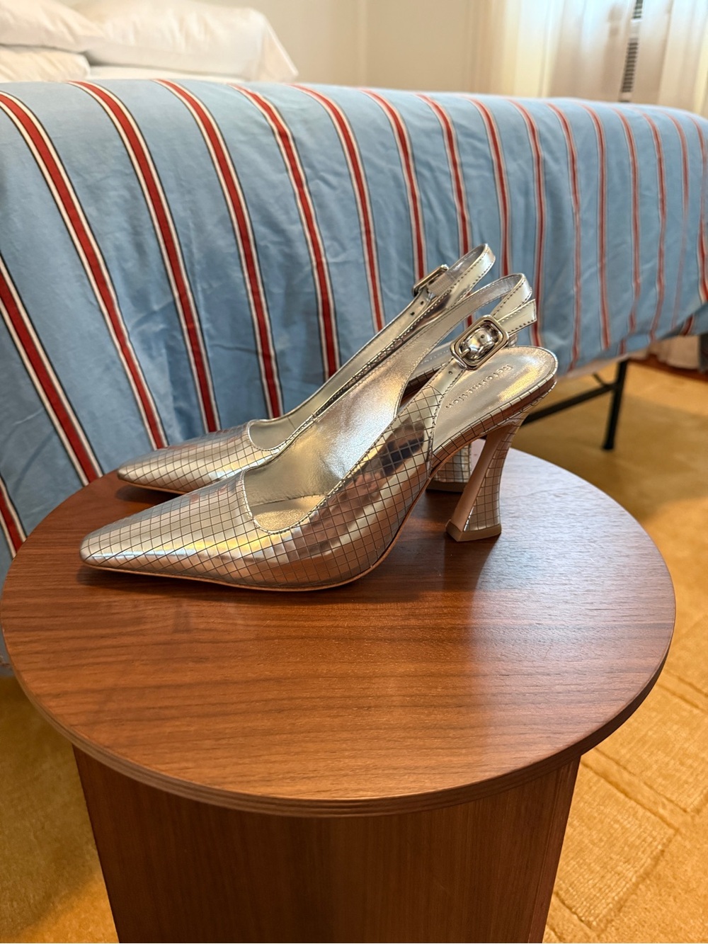 Reformation Nour Slingback Pointed-Toe Heels in Metallic Silver